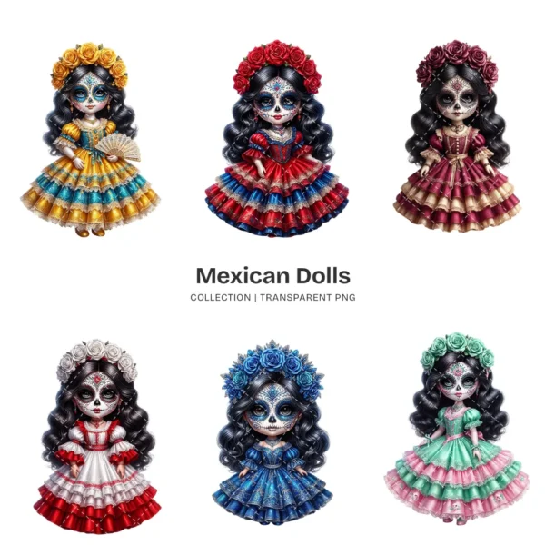 Mexican Dolls La Catrina PNG Clipart Collection - 43 PNG, Sugar Skull Graphics, Día de los Muertos Printable, Commercial use, Digital Download
