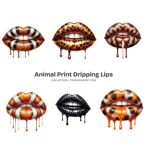 Animal Print Dripping Lips PNG Clipart Collection - 40 PNG, Leopard, Tiger, Cow Graphics, Kiss Printable, Commercial use, Digital Download