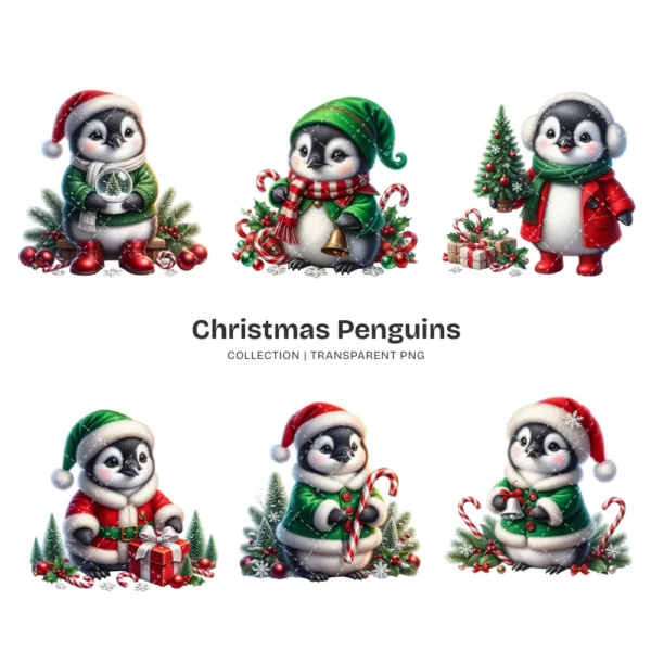 Christmas Penguins PNG Clipart Collection - 40 PNG, Holiday Penguin Graphics, X-mas Printable, Commercial use, Digital Download