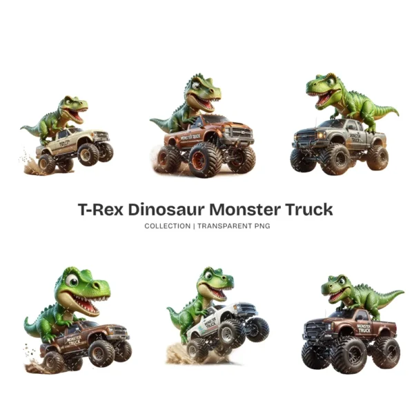 T-Rex Dinosaur Monster Truck PNG Clipart Collection - 40 PNG, Dino Truck Graphics, Boys Birthday Printable, Commercial use, Digital Download
