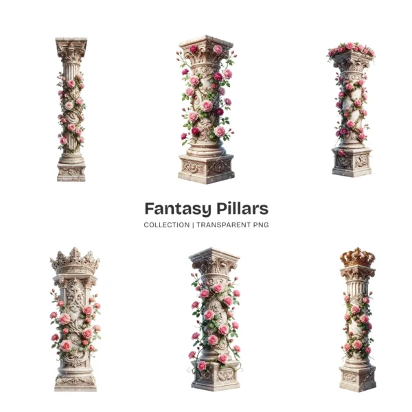 Fantasy Pillars PNG Clipart Collection - 42 PNG, Floral Column Graphics, Pink Roses, Wedding Printables, Commercial use, Digital download