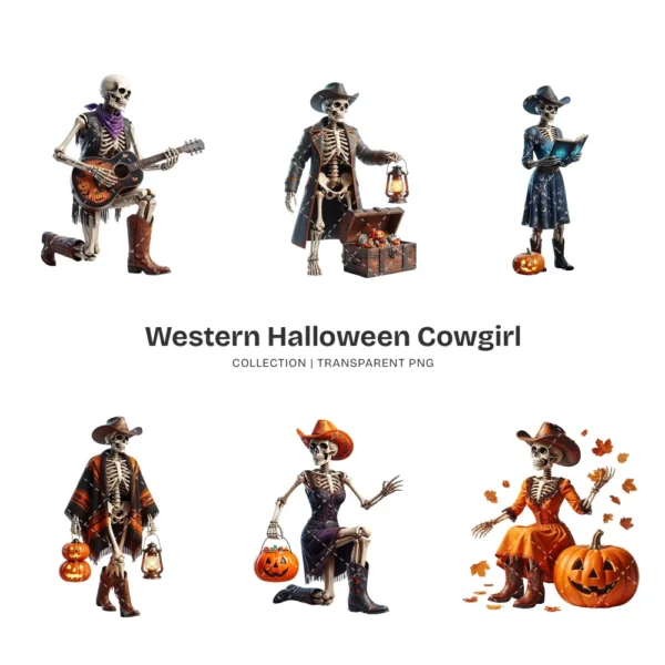 Western Halloween Cowgirl Skeleton PNG Clipart Collection - 40 PNG, Gothic Graphics, Pumpkins Printable, Commercial use, Digital download