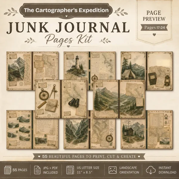 The Cartographers Expedition Junk Journal Pages - The Explorers Field Notes Ephemera, Vintage Adventure Ephemera, Digital Download