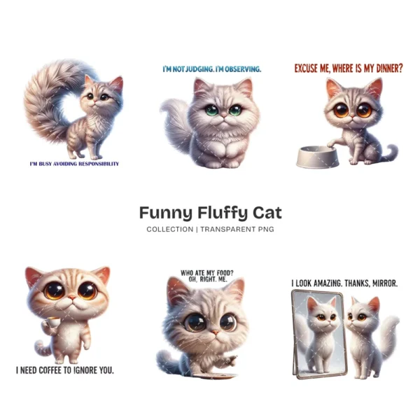 Funny Fluffy Cat PNG Clipart Collection - 44 PNG, Sarcastic Quote Graphics, Cat Moms Printables, Commercial use, Digital download