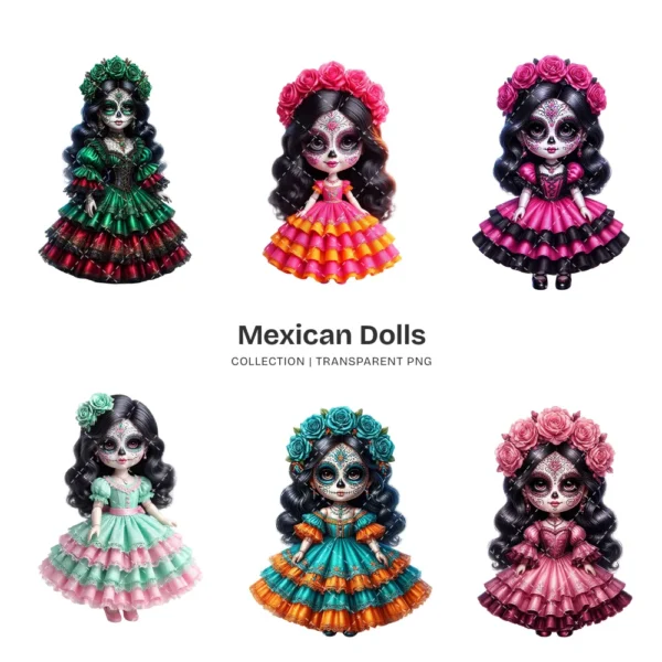 Mexican Dolls La Catrina PNG Clipart Collection - 43 PNG, Sugar Skull Graphics, Día de los Muertos Printable, Commercial use, Digital Download