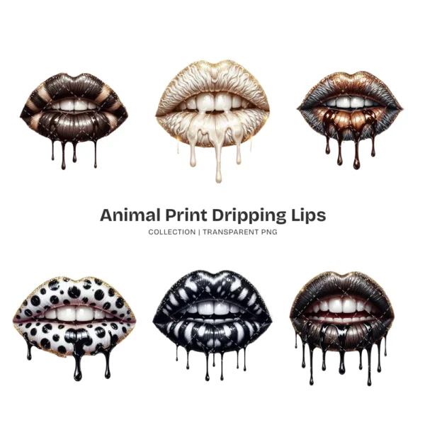 Animal Print Dripping Lips PNG Clipart Collection - 40 PNG, Leopard, Tiger, Cow Graphics, Kiss Printable, Commercial use, Digital Download
