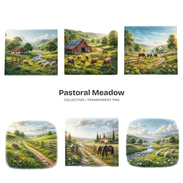 Pastoral Meadow Scenes PNG Clipart Collection - 40 PNG, Green Hills Graphics, Nature Beauty Printable, Commercial use, Digital Download