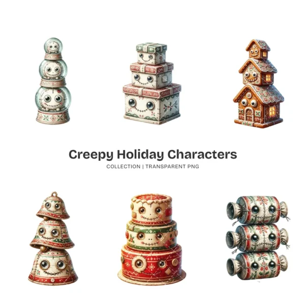 Creepy Holiday Characters PNG Clipart Collection - 40 PNG, Santa, Snowmen Graphics, Ornaments Printable, Commercial use, Digital Download