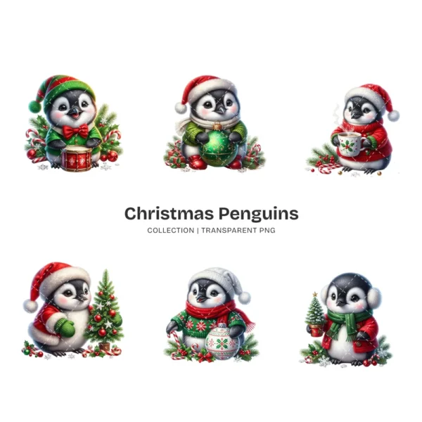 Christmas Penguins PNG Clipart Collection - 40 PNG, Holiday Penguin Graphics, X-mas Printable, Commercial use, Digital Download