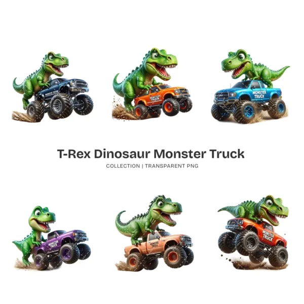T-Rex Dinosaur Monster Truck PNG Clipart Collection - 40 PNG, Dino Truck Graphics, Boys Birthday Printable, Commercial use, Digital Download