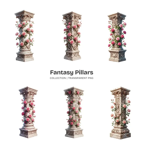 Fantasy Pillars PNG Clipart Collection - 42 PNG, Floral Column Graphics, Pink Roses, Wedding Printables, Commercial use, Digital download