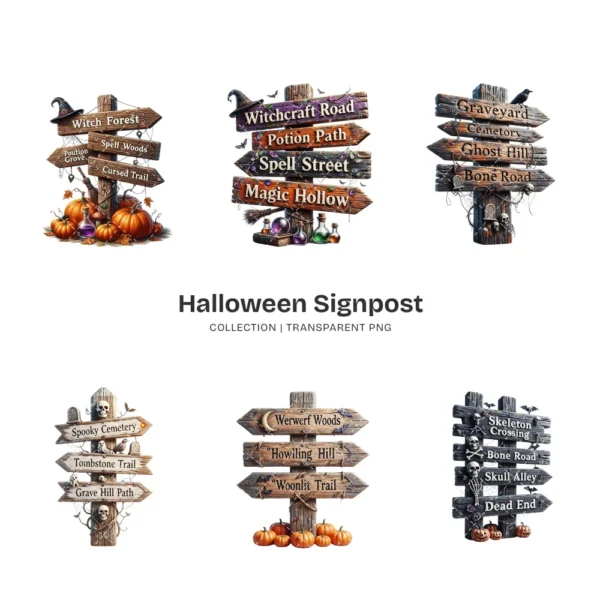 Halloween Signpost PNG Clipart Collection - 41 PNG, Wooden Directional Signs Graphics, Spooky Printables, Commercial use, Digital download
