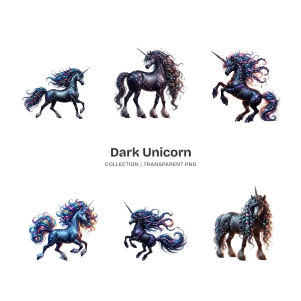 Dark Unicorn PNG Clipart Collection - 45 PNG, Mystical Gothic Graphics, Majestic Art, Celestial Printables, Commercial use, Digital download