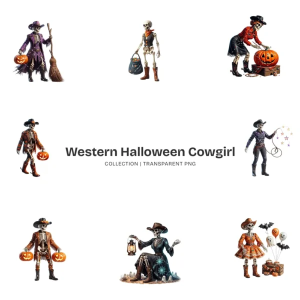 Western Halloween Cowgirl Skeleton PNG Clipart Collection - 40 PNG, Gothic Graphics, Pumpkins Printable, Commercial use, Digital download