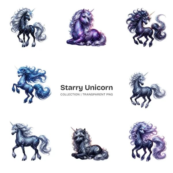 Starry Unicorn PNG Clipart Collection - 40 PNG, Fantasy Creature Graphics, Sparkling Animal Printables, Commercial use, Digital download