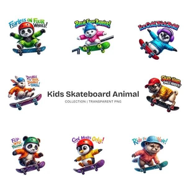 Kids Skateboard Animal PNG Clipart Collection - 40 PNG, Extreme Sports Graphics, Retro Printables, Commercial use, Digital download