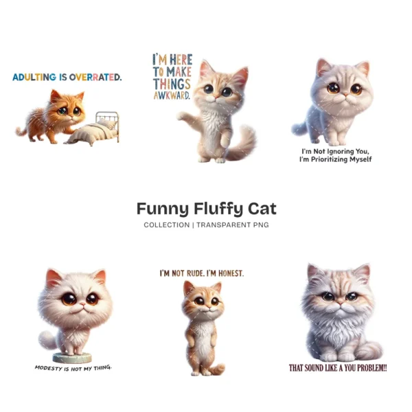 Funny Fluffy Cat PNG Clipart Collection - 44 PNG, Sarcastic Quote Graphics, Cat Moms Printables, Commercial use, Digital download