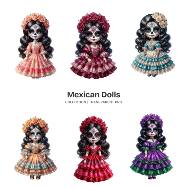 Mexican Dolls La Catrina PNG Clipart Collection - 43 PNG, Sugar Skull Graphics, Día de los Muertos Printable, Commercial use, Digital Download