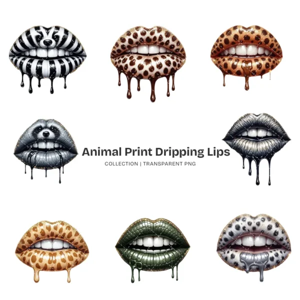 Animal Print Dripping Lips PNG Clipart Collection - 40 PNG, Leopard, Tiger, Cow Graphics, Kiss Printable, Commercial use, Digital Download