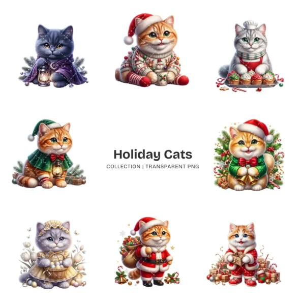 Holiday Cats PNG Clipart Collection - 40 PNG, Festive Animal Graphics, Christmas Printable, Commercial use, Digital Download