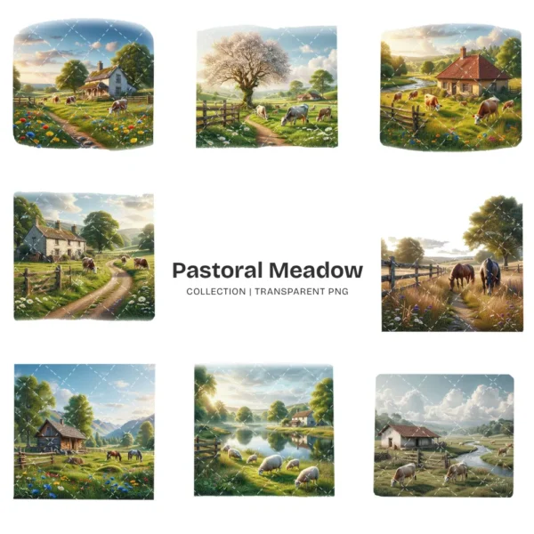 Pastoral Meadow Scenes PNG Clipart Collection - 40 PNG, Green Hills Graphics, Nature Beauty Printable, Commercial use, Digital Download