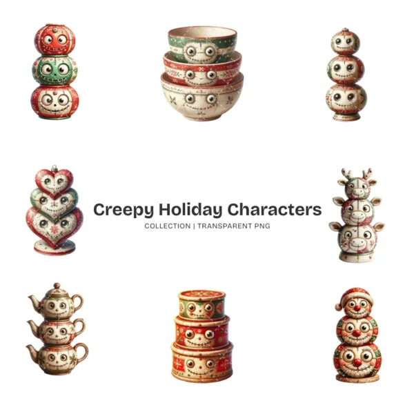 Creepy Holiday Characters PNG Clipart Collection - 40 PNG, Santa, Snowmen Graphics, Ornaments Printable, Commercial use, Digital Download