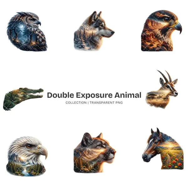 Double Exposure Animal PNG Clipart Collection - 40 PNG, Wildlife Graphics, Forest Mountain Printable, Commercial use, Digital Download