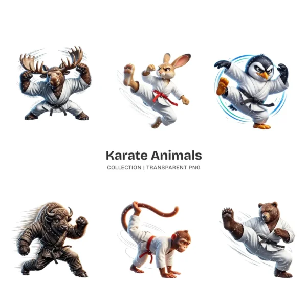 Karate Animals PNG Clipart Collection - 40 PNG, Martial Arts Graphics, Striking Poses Printable, Commercial use, Digital Download
