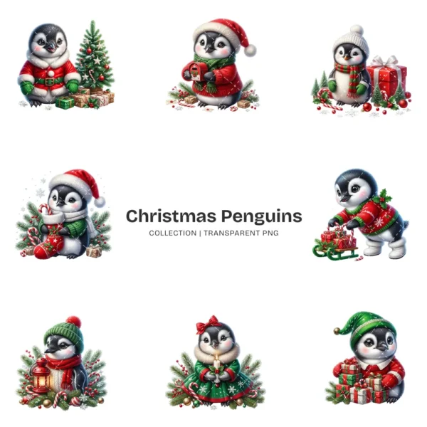 Christmas Penguins PNG Clipart Collection - 40 PNG, Holiday Penguin Graphics, X-mas Printable, Commercial use, Digital Download