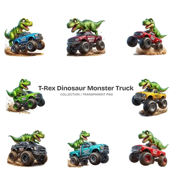 T-Rex Dinosaur Monster Truck PNG Clipart Collection - 40 PNG, Dino Truck Graphics, Boys Birthday Printable, Commercial use, Digital Download