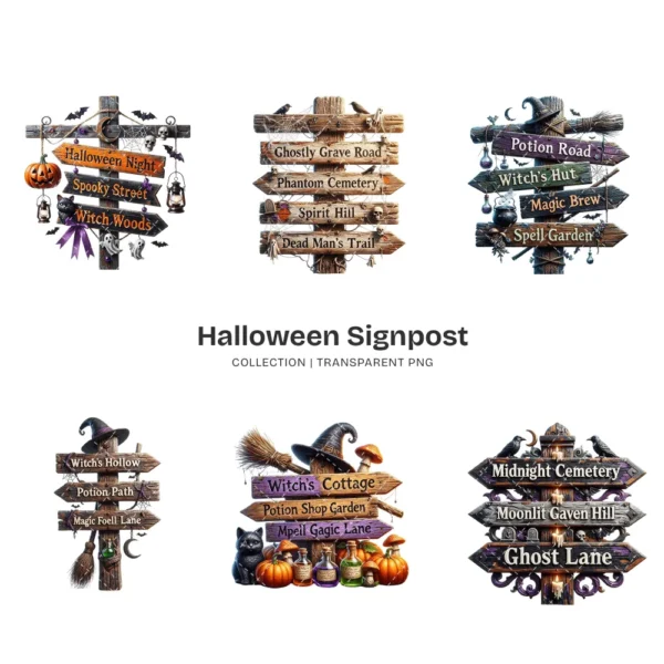Halloween Signpost PNG Clipart Collection - 41 PNG, Wooden Directional Signs Graphics, Spooky Printables, Commercial use, Digital download