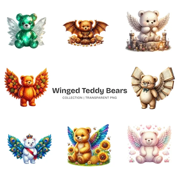 Winged Teddy Bears PNG Clipart Collection - 40 PNG, Whimsical Graphics, Fantasy Bear Printable, Commercial use, Digital download