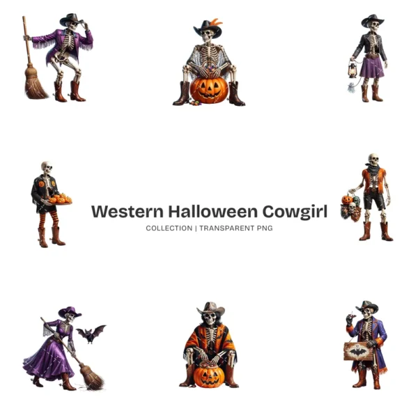 Western Halloween Cowgirl Skeleton PNG Clipart Collection - 40 PNG, Gothic Graphics, Pumpkins Printable, Commercial use, Digital download