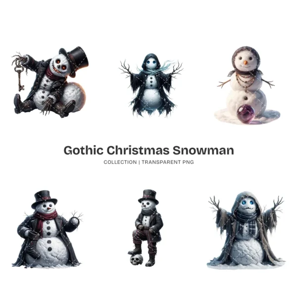 Gothic Christmas Snowman PNG Clipart Collection - 47 PNG, Spooky Winter Graphics, Dark Goth Printables, Commercial use, Digital download