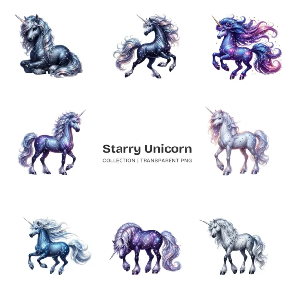 Starry Unicorn PNG Clipart Collection - 40 PNG, Fantasy Creature Graphics, Sparkling Animal Printables, Commercial use, Digital download