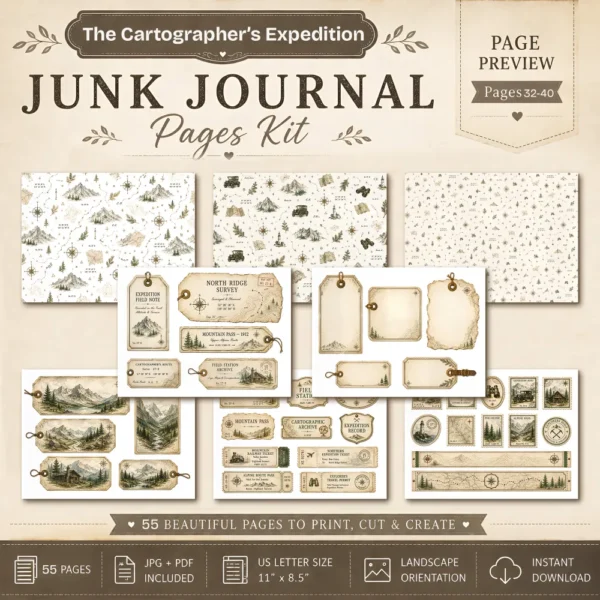 The Cartographers Expedition Junk Journal Pages - The Explorers Field Notes Ephemera, Vintage Adventure Ephemera, Digital Download