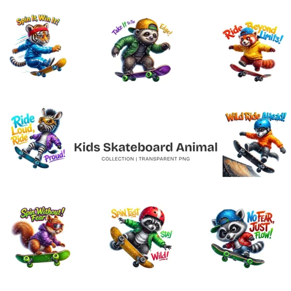 Kids Skateboard Animal PNG Clipart Collection - 40 PNG, Extreme Sports Graphics, Retro Printables, Commercial use, Digital download