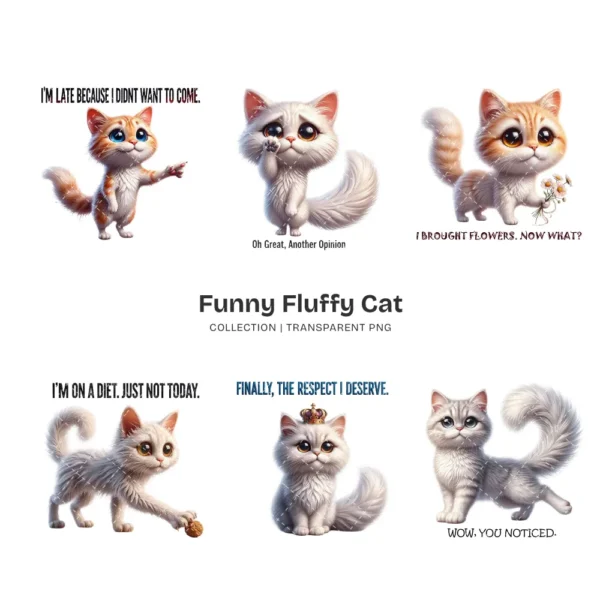 Funny Fluffy Cat PNG Clipart Collection - 44 PNG, Sarcastic Quote Graphics, Cat Moms Printables, Commercial use, Digital download