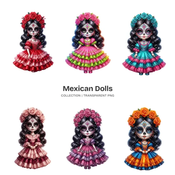 Mexican Dolls La Catrina PNG Clipart Collection - 43 PNG, Sugar Skull Graphics, Día de los Muertos Printable, Commercial use, Digital Download