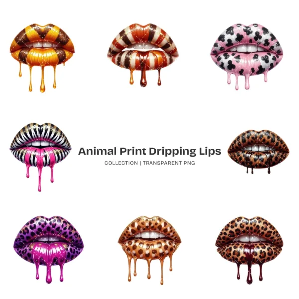 Animal Print Dripping Lips PNG Clipart Collection - 40 PNG, Leopard, Tiger, Cow Graphics, Kiss Printable, Commercial use, Digital Download