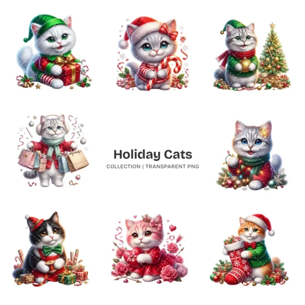 Holiday Cats PNG Clipart Collection - 40 PNG, Festive Animal Graphics, Christmas Printable, Commercial use, Digital Download