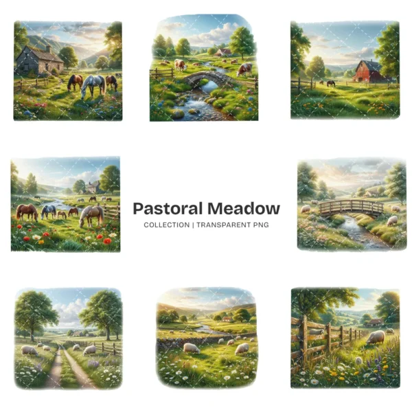 Pastoral Meadow Scenes PNG Clipart Collection - 40 PNG, Green Hills Graphics, Nature Beauty Printable, Commercial use, Digital Download