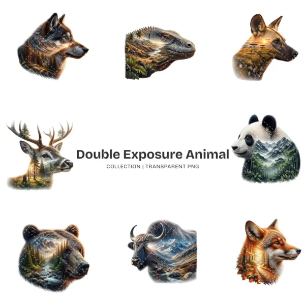 Double Exposure Animal PNG Clipart Collection - 40 PNG, Wildlife Graphics, Forest Mountain Printable, Commercial use, Digital Download