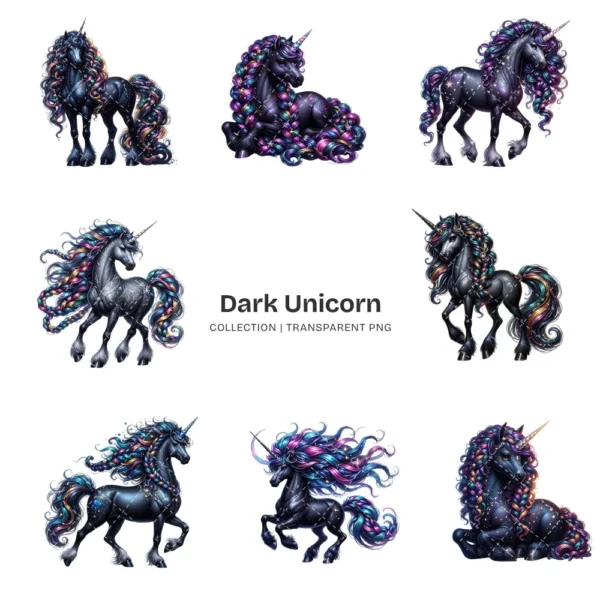 Dark Unicorn PNG Clipart Collection - 45 PNG, Mystical Gothic Graphics, Majestic Art, Celestial Printables, Commercial use, Digital download