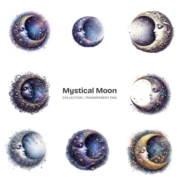 Mystical Moon PNG Clipart Collection - 44 PNG, Celestial Graphics, Fantasy Night Sky, Astrology Printables, Commercial use, Digital download