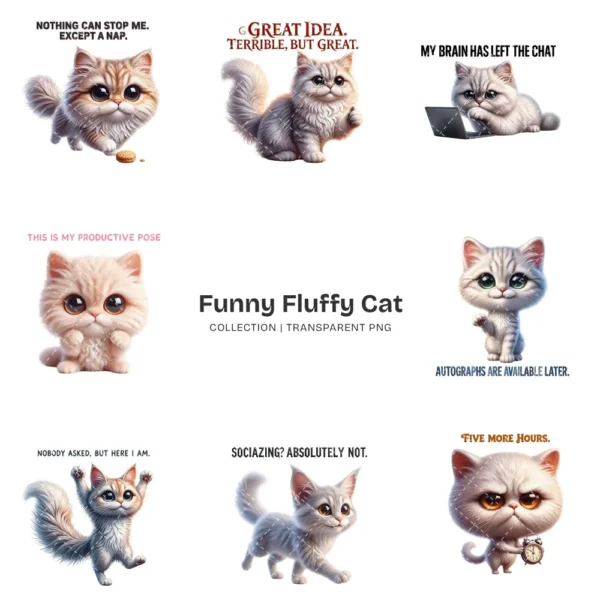 Funny Fluffy Cat PNG Clipart Collection - 44 PNG, Sarcastic Quote Graphics, Cat Moms Printables, Commercial use, Digital download