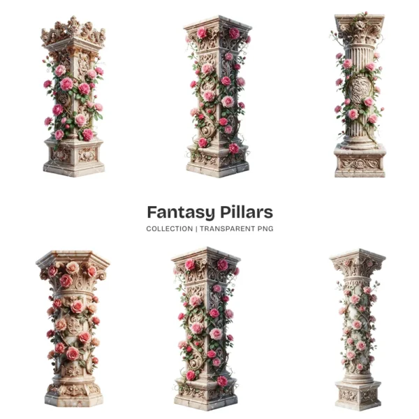 Fantasy Pillars PNG Clipart Collection - 42 PNG, Floral Column Graphics, Pink Roses, Wedding Printables, Commercial use, Digital download