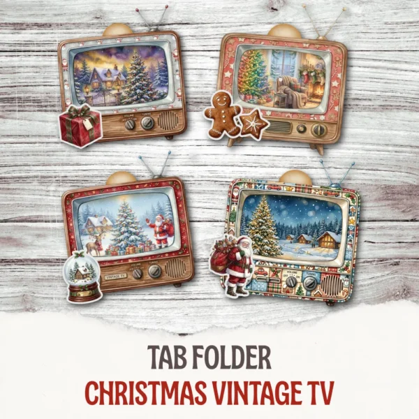 Christmas Vintage TV Pocket, Festive Pockets, X-mas Gift Cards, Junk Journal Kit, Winter Printable, Tab Folder, Loaded Tags