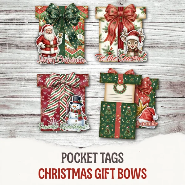 Christmas Gift Pocket, X-mas Loaded Tags, Junk Journal Kit, Winter Printable, Bow, Cards, Ornament