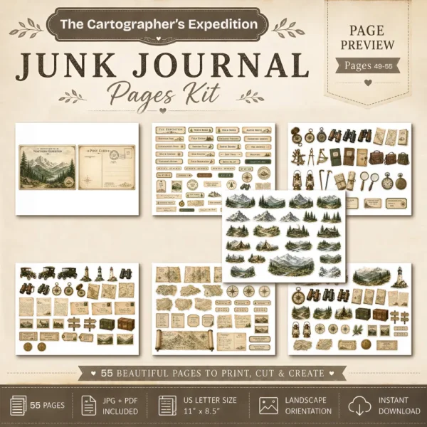 The Cartographers Expedition Junk Journal Pages - The Explorers Field Notes Ephemera, Vintage Adventure Ephemera, Digital Download